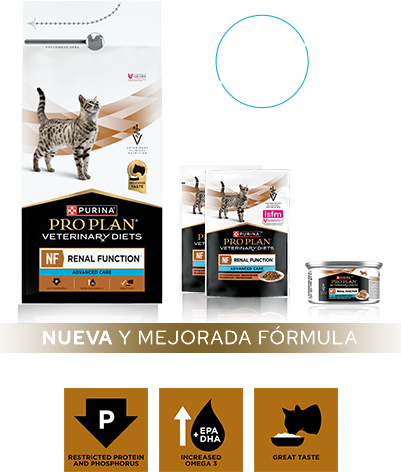 Envases de PPVD NF Renal Function Advanced Care, con alimento seco y húmedo para los estadios IRIS 3 y 4